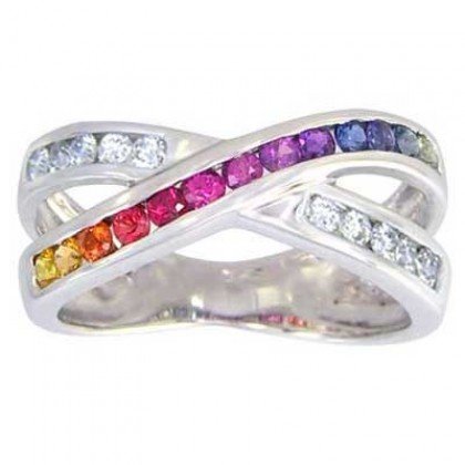 Multicolor Rainbow Sapphire & Diamond Crossover Ring 925 Sterling Silver (1.5ct tw) SKU: 398-925