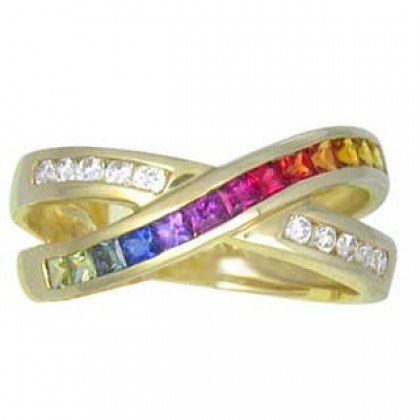 Multicolor Rainbow Sapphire & Diamond Crossover Ring 14K Yellow Gold (1.5ct tw) SKU: 398-14K-YG