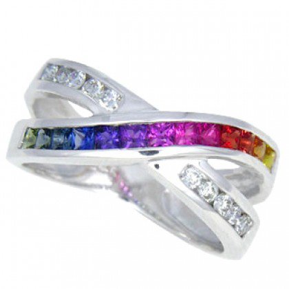 Multicolor Rainbow Sapphire & Diamond Crossover Ring 18K White Gold (1.5ct tw) SKU: 398-18K-WG