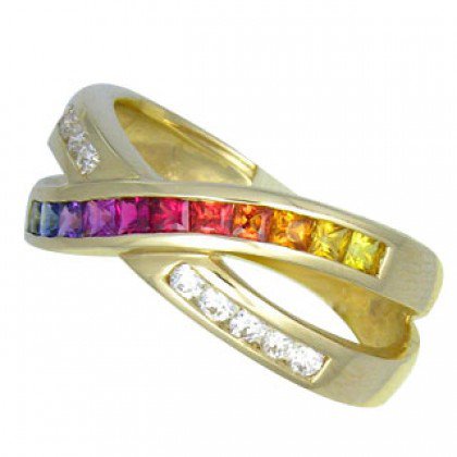 Multicolor Rainbow Sapphire & Diamond Crossover Ring 18K Yellow Gold (1.5ct tw) SKU: 398-18K-YG