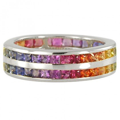 Multicolor Rainbow Sapphire Double Row Eternity Ring 14K White Gold (8ct tw) SKU: 387-14K-WG