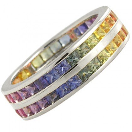 Multicolor Rainbow Sapphire Double Row Eternity Ring 18K White Gold (8ct tw) SKU: 387-18K-WG
