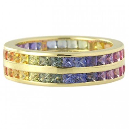 Multicolor Rainbow Sapphire Double Row Eternity Ring 14K Yellow Gold (8ct tw) SKU: 387-14K-YG