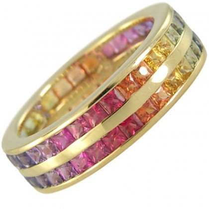 Multicolor Rainbow Sapphire Double Row Eternity Ring 18K Yellow Gold (8ct tw) SKU: 387-18K-YG