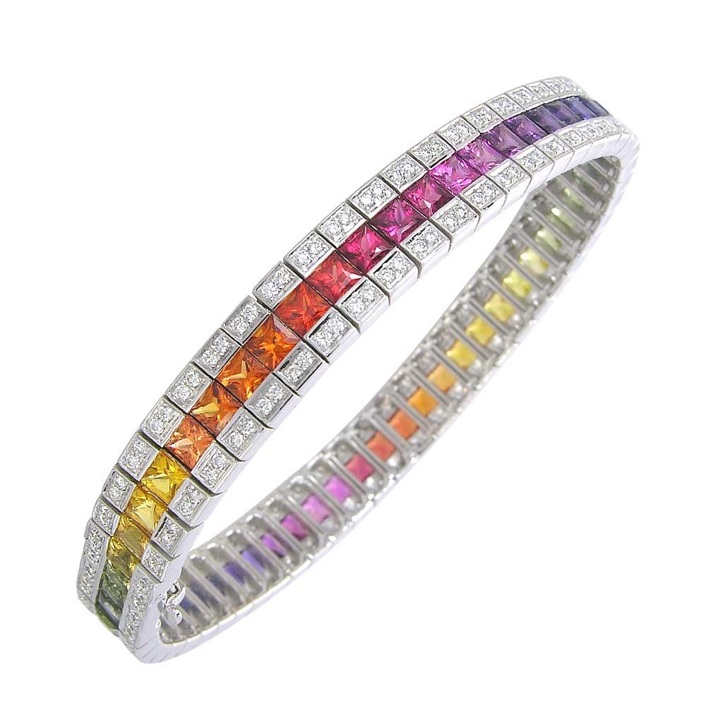 Rainbow Sapphire & Diamond Tennis Bracelet 18K White Gold (14ct tw) SKU: 1612-18K-WG