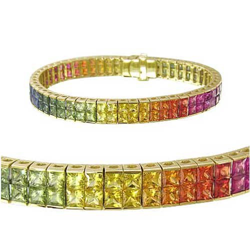 Rainbow Sapphire Double Row Invisible Set Tennis Bracelet 14K Yellow Gold (25ct tw) SKU: 1567-14K-YG
