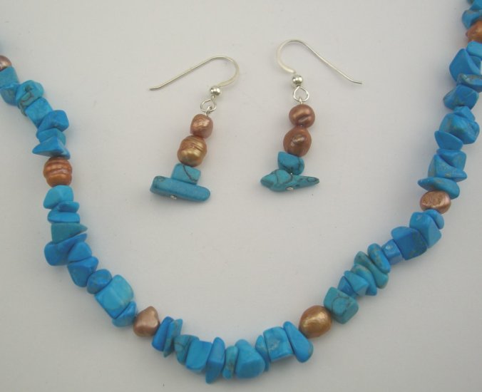 Leah Southwest Turquoise & Copper Pearl Necklace & Earring Set
