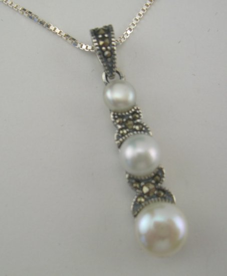 New Sterling Freshwater Pearl & Marcasite Necklace Signed JC