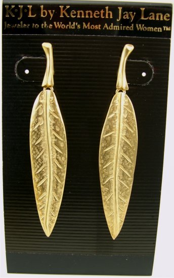 New Kenneth Jay Lane KJL Long Gold Leaf Drop Earrings