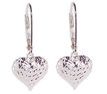 New Diamond Cut Sterling Heart Lever-Back Earrings & Gift Box