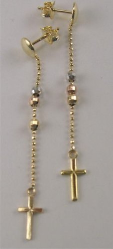 New 14k Tri-Color Gold Dangling Cross Earrings