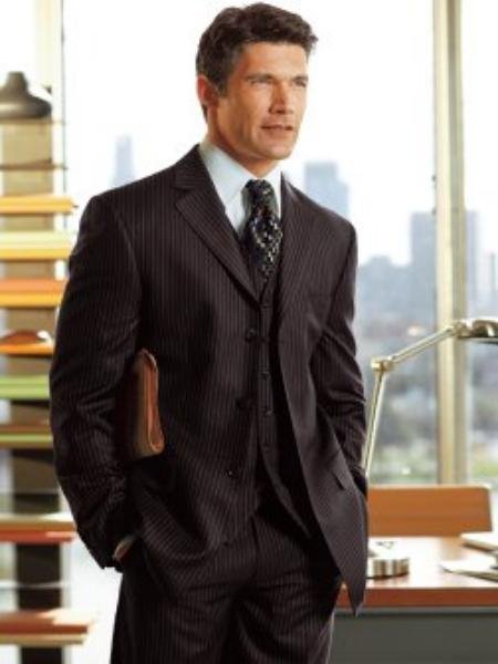 Three-Button Vented, Vested Black Small Stripe Vested Super 120's Wool Suit
