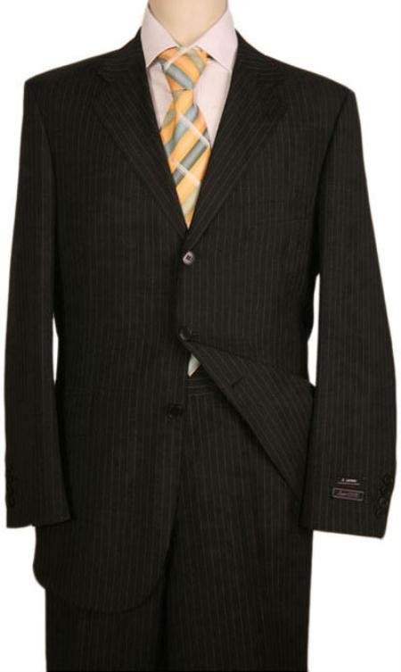 Black Almost Very Dark Gray Wiht light Gray Pinstripe 1 Worsted Wool 3 Buttons Suits