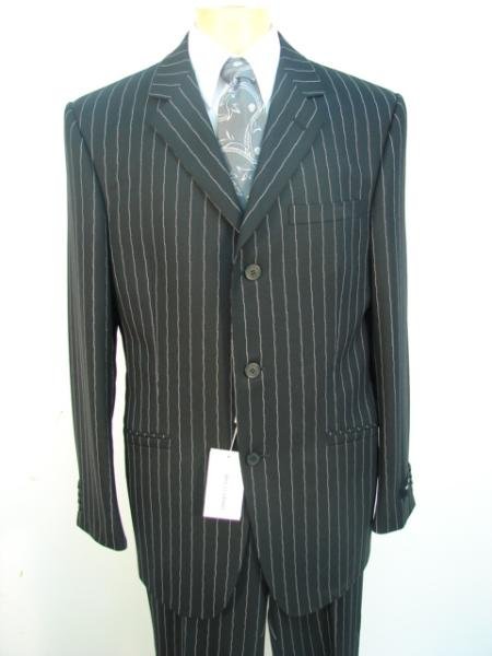 Stripe 3 Buttons Jet Black Chalk Pinstripe Super 120's Worsted Wool