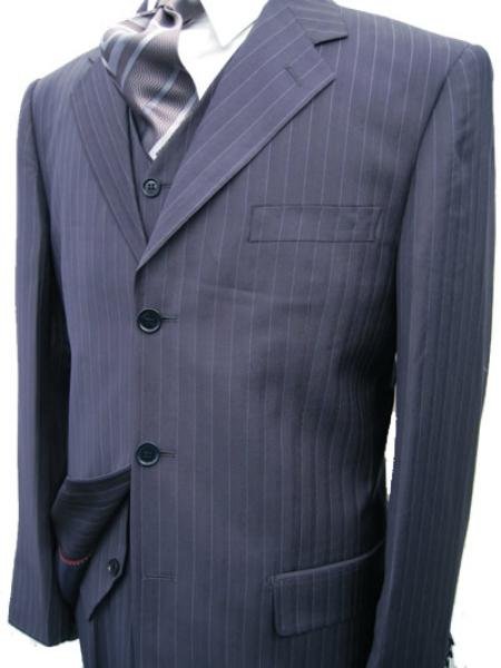 Navy Blue Stripe 3 Piece Suit • 3 Button Jacket / Side Vents / Vest / Pleated Pant / Tailo
