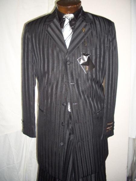 Black Gangster Ton On Ton Shadow Pinstripe Fashion Long Zoot Suit