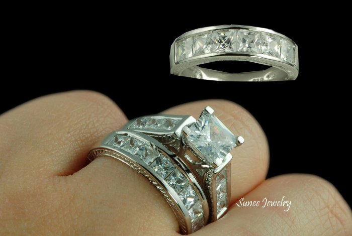His & Her 3pcs Matching Engagement Wedding Ring Set sz 5-9 in sterling silver