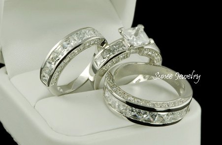His & Her 3pcs Matching Engagement Wedding Ring Set sz 4-11 in sterling silver
