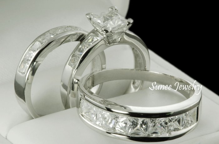 His & Her 3pcs Matching Engagement Wedding Ring Set sz 3-12 in sterling silver