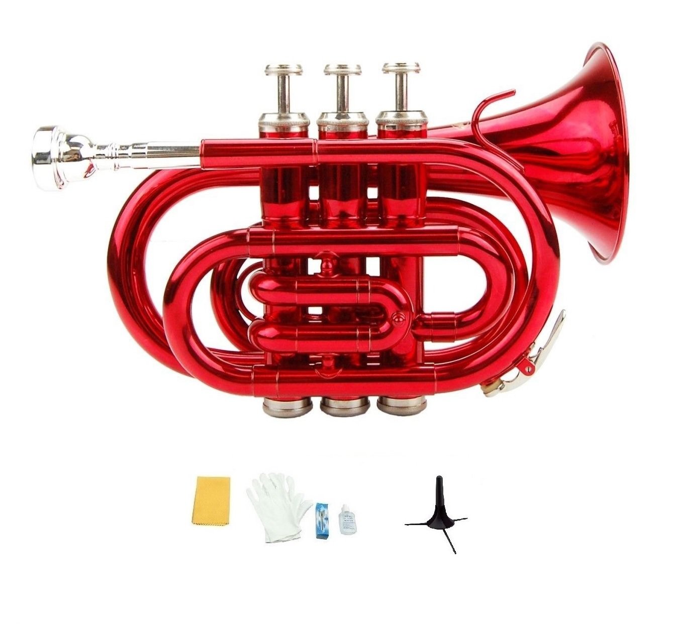 Merano B Flat Red Brass Pocket Trumpet,Case+Mouth Piece;Valve oil;Gloves;Cloth+Stand