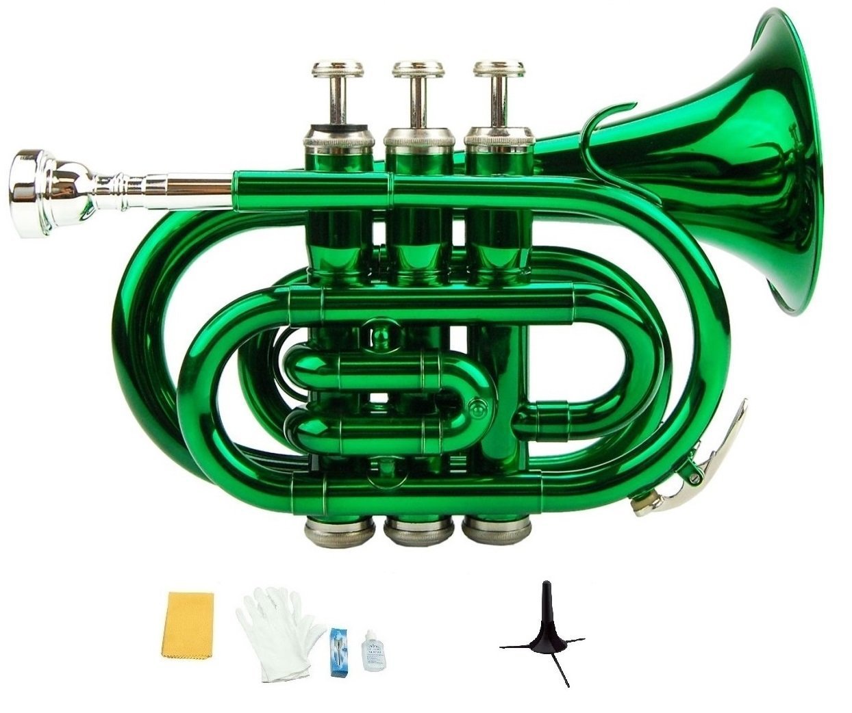 Merano B Flat Green Brass Pocket Trumpet,Case+Mouth Piece;Valve oil;Gloves;Cloth+Stand