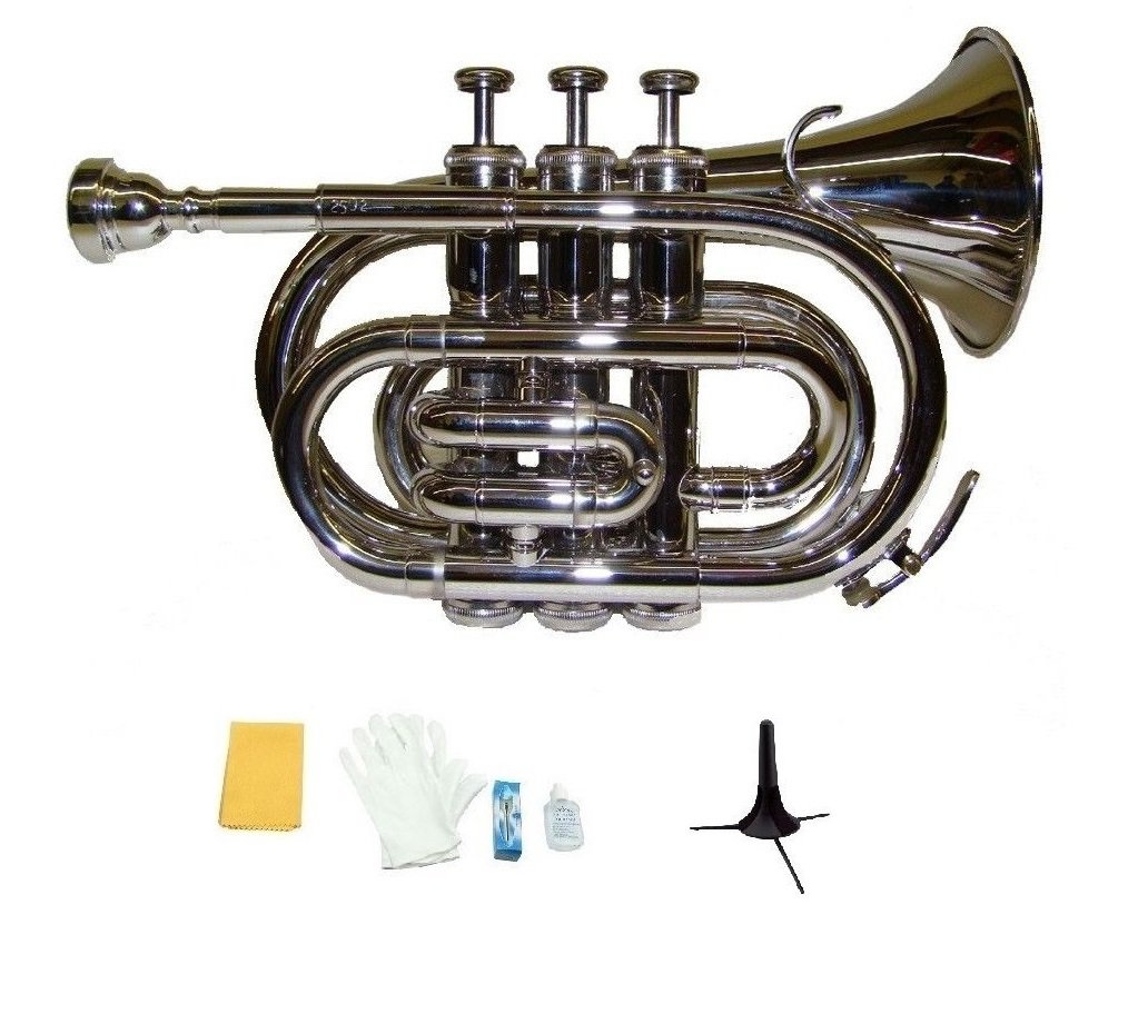 Merano B Flat Silver Nickel Pocket Trumpet,Case+Mouth Piece;Valve oil;Gloves;Cloth+Stand