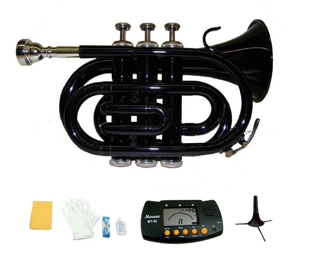 Merano B Flat Black Brass Pocket Trumpet,Case+Mouth Piece;Valve oil;Gloves;Cloth+Stand+Metro Tuner