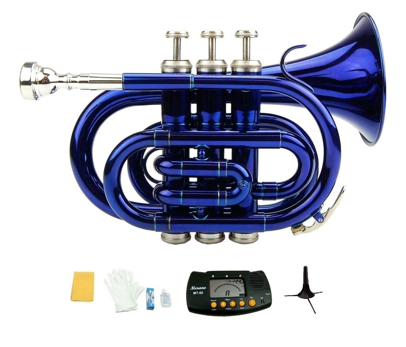 Merano B Flat Blue Brass Pocket Trumpet,Case+Mouth Piece;Valve oil;Gloves;Cloth+Stand+Metro Tuner