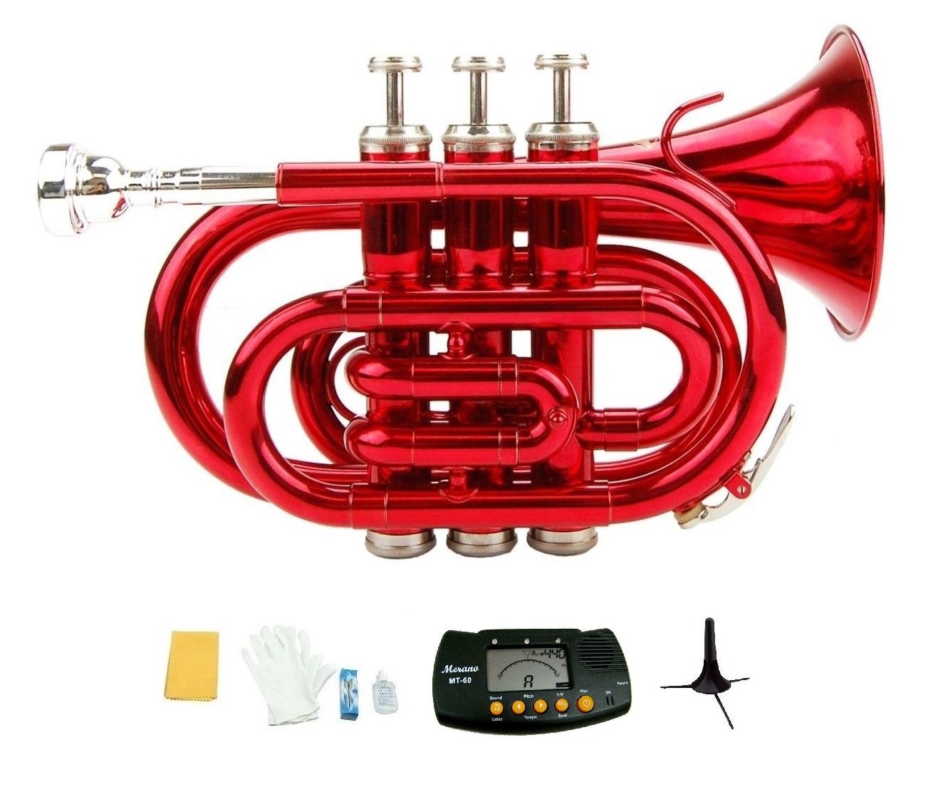 Merano B Flat Red Brass Pocket Trumpet,Case+Mouth Piece;Valve oil;Gloves;Cloth+Stand+Metro Tuner