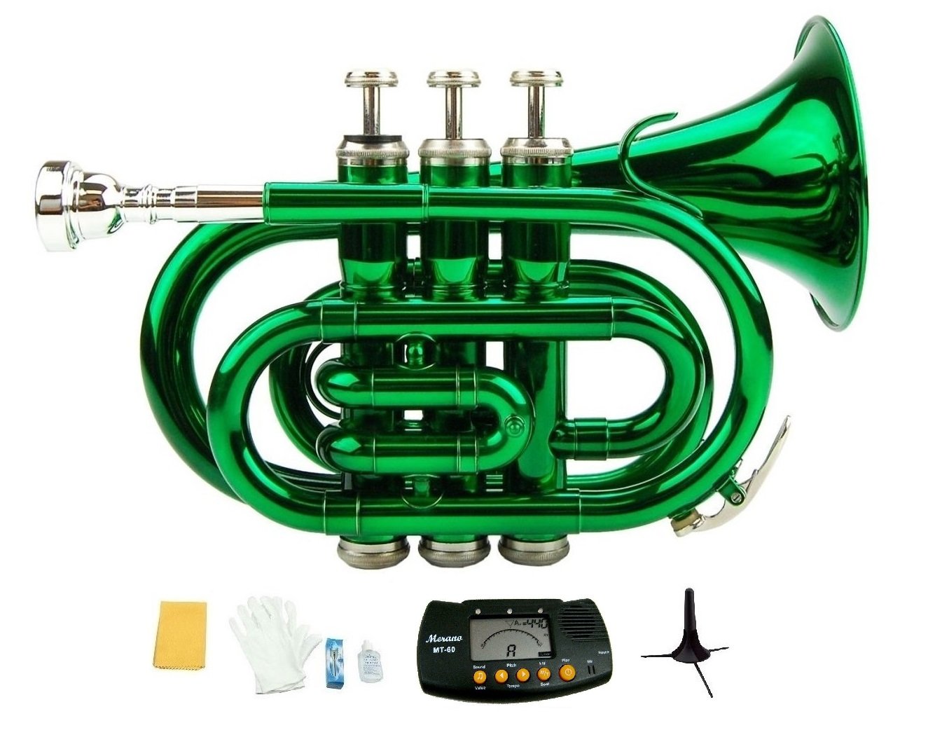 Merano B Flat Green Brass Pocket Trumpet,Case+Mouth Piece;Valve oil;Gloves;Cloth+Stand+Metro Tuner
