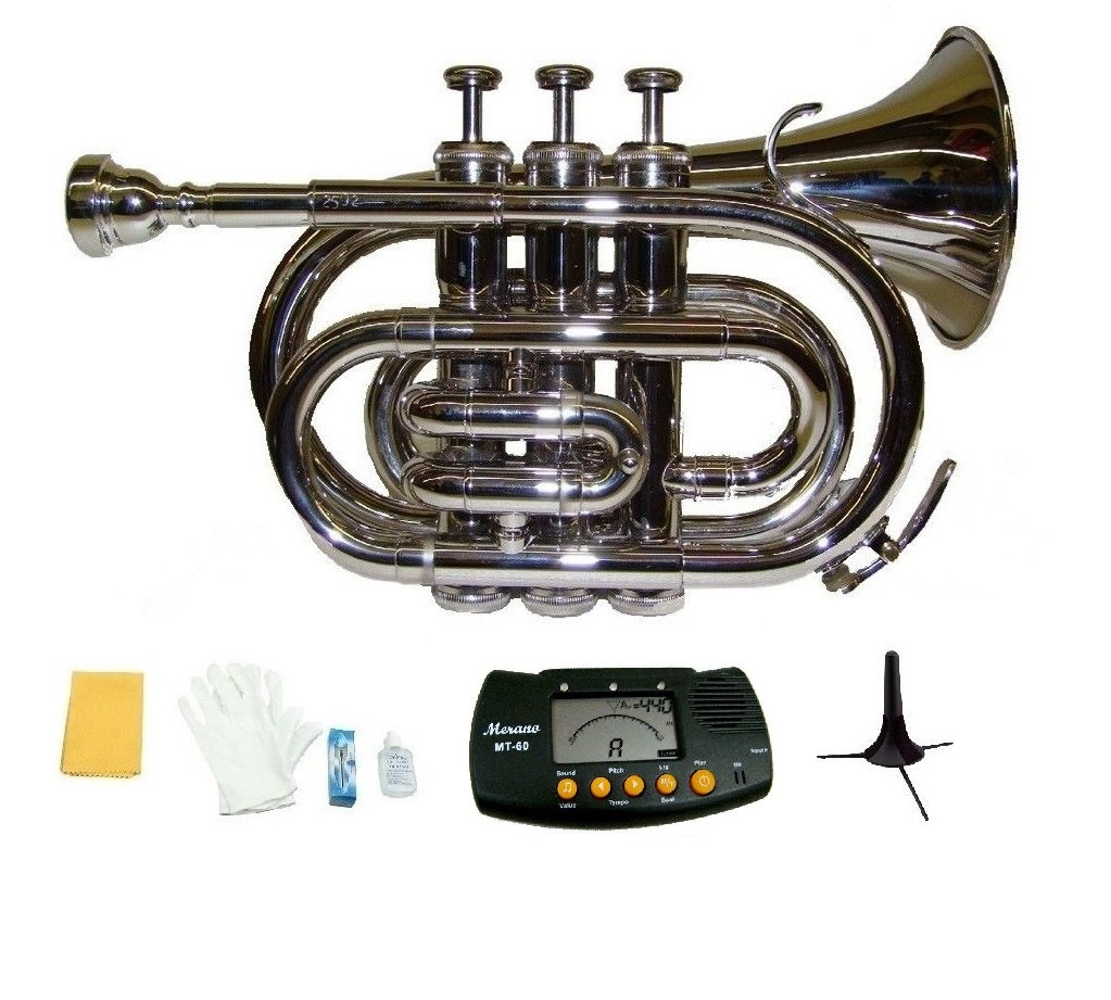 Merano B Flat Silver Brass Pocket Trumpet,Case+Mouth Piece;Valve oil;Gloves;Cloth+Stand+Metro Tuner