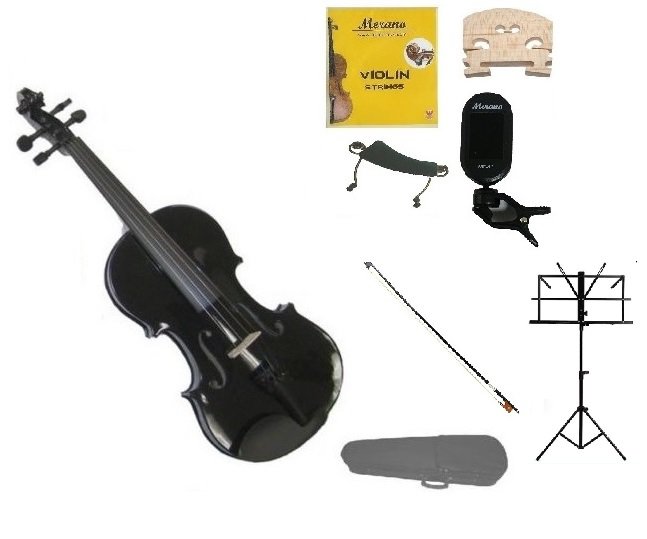 3/4 Black Violin,Case,Black Bow+Rosin+2 Bridges+Tuner+Shoulder Rest+Black Stand