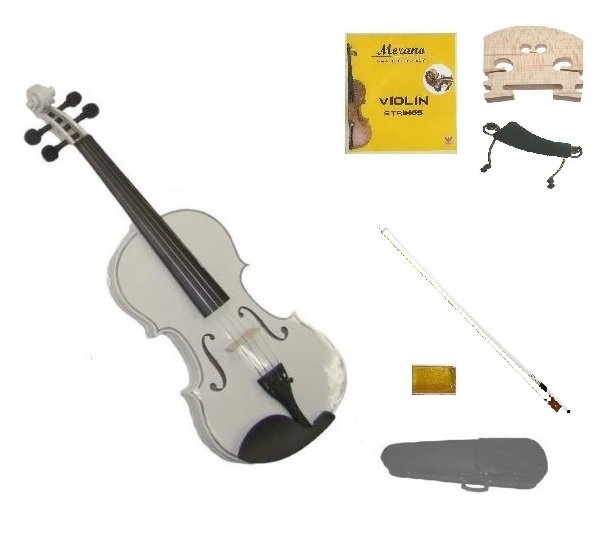 3/4 Size White Violin,Case,Black Bow+Rosin+2 Sets Strings+2 Bridges+Shoulder Rest