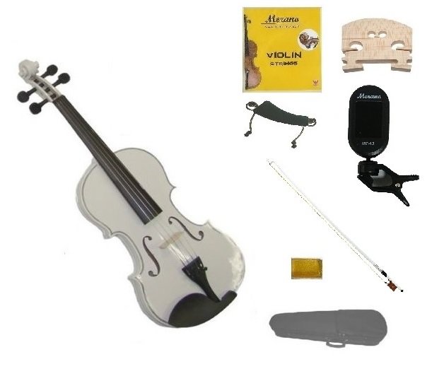 4/4 Size White Violin,Case,Black Bow+Rosin+Strings+2 Bridges+Tuner+Shoulder Rest