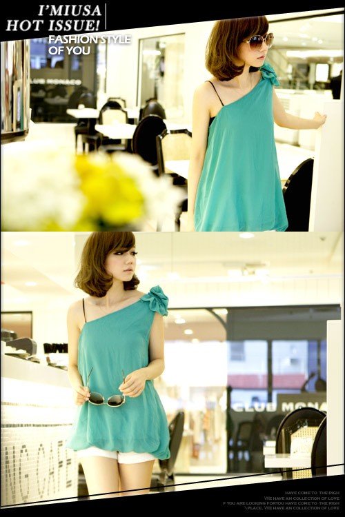 #1759265-Oblique Sling Chiffon Puff Dress-4 Colors(Blue)