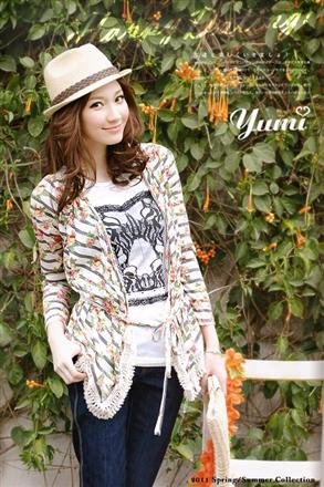 #1956828-Printed stripes crocheted cardigan Jacket-2 Colors(Gray)