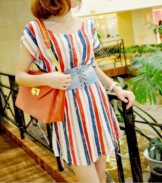 #168YY0546-Korean Fashion bat cuff stripes dress with belt