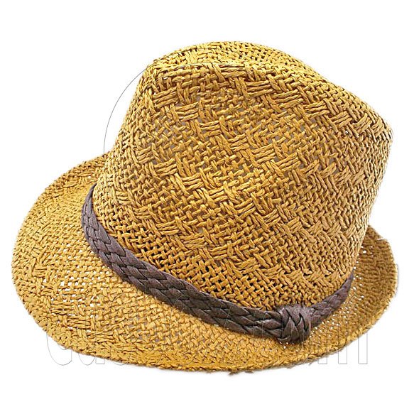 Mens' Two Woven Pattern Fedora Straw Hat w/ Brown Band (Dark Khaki) #51858