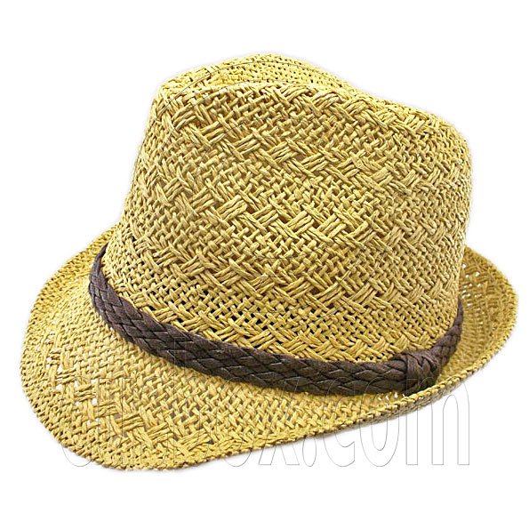 Mens' Two Woven Pattern Fedora Straw Hat w/ Brown Band (Khaki) #51859