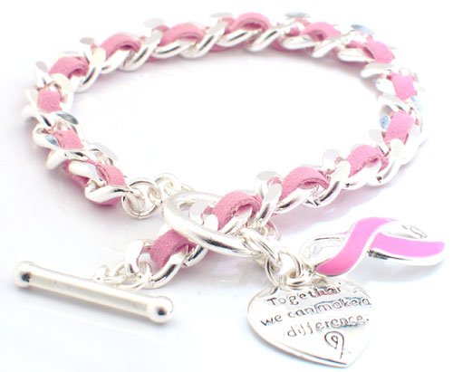 Breast Cancer Awareness Bracelet - Silver and Suede Linked #73-20