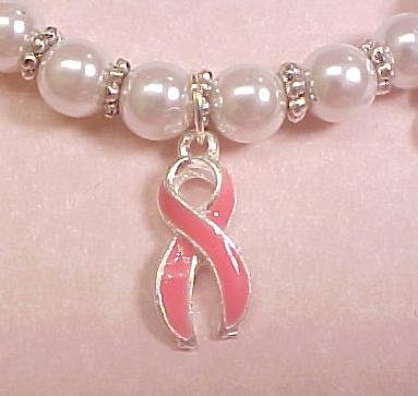 Breast Cancer Awareness Charm Bracelet White Pearls Pink Ribbons Dangles #76-3061