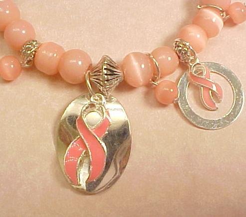Breast Cancer Pink Beaded Bracelet with Dangle Circles & Ribbons #78-3137-2-12