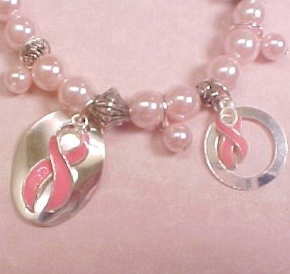 Breast Cancer Light Pink Pearl Beaded Bracelet with Dangle Circles & Ribbons #77-3137