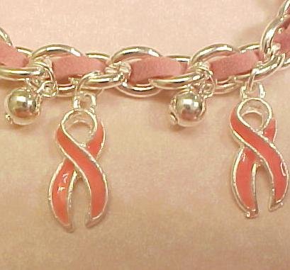 Breast Cancer Awareness Bracelet Silver and Suede Linked Toggle Pink Ribbons #79-3198-1-12