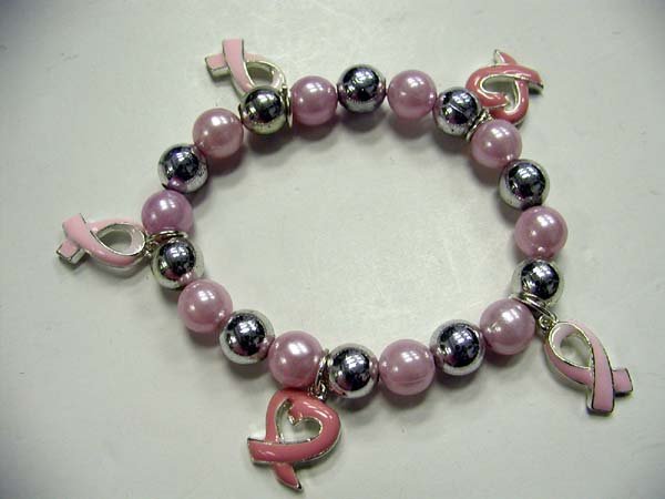 Pink Pearl Breast Cancer Ribbon Bracelet #711-18174