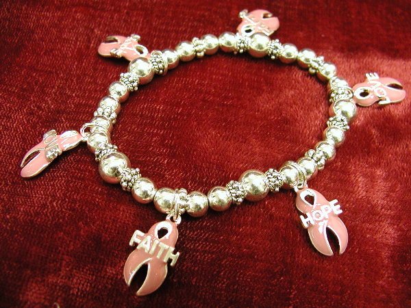 Breast Cancer Awareness Charm Bracelet Pink Ribbons Faith Hope Love Dangles #712-1168-2