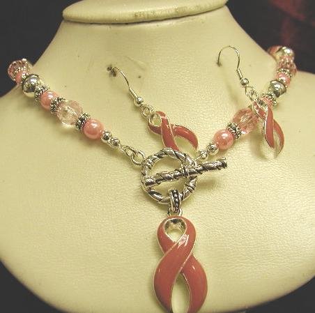 Breast Cancer Toggle Necklace and Earring Set Ribbon and beads #714-1092-2