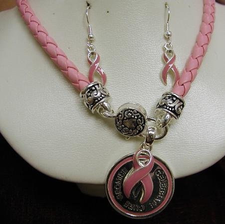 Breast Cancer Promise Hope Celebration Cure Pendant Necklace and Earrings Leather Braid #717-630