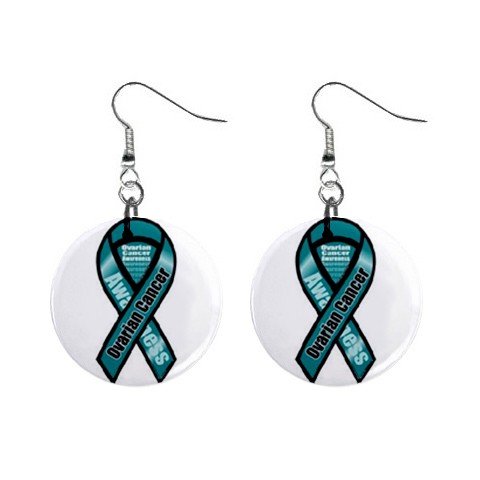 Ovarian Cancer Awareness Ribbon Earrings 1" Button Style Dangle Made In USA 16452810