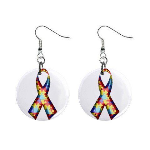 Autism Awareness Ribbon Puzzle Earrings 1" Button Style Dangle Made In USA 16452827
